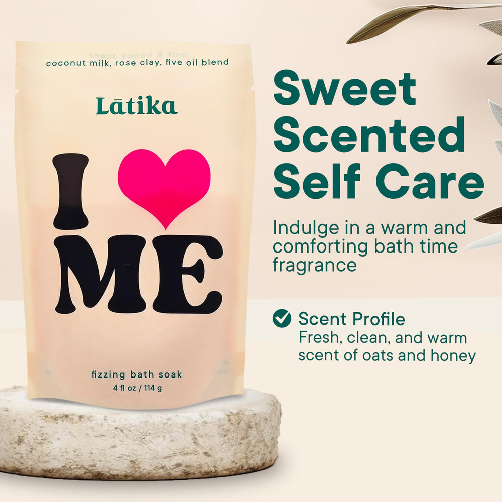Latika I Heart Me fast-dissolve bath salts for a smooth soak.