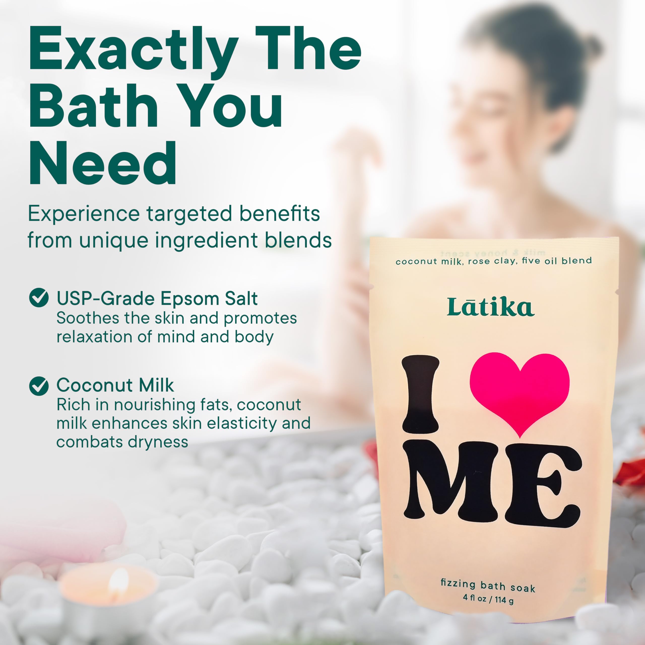 Latika I Heart Me oats-milk-honey nourish skin during long soaks.