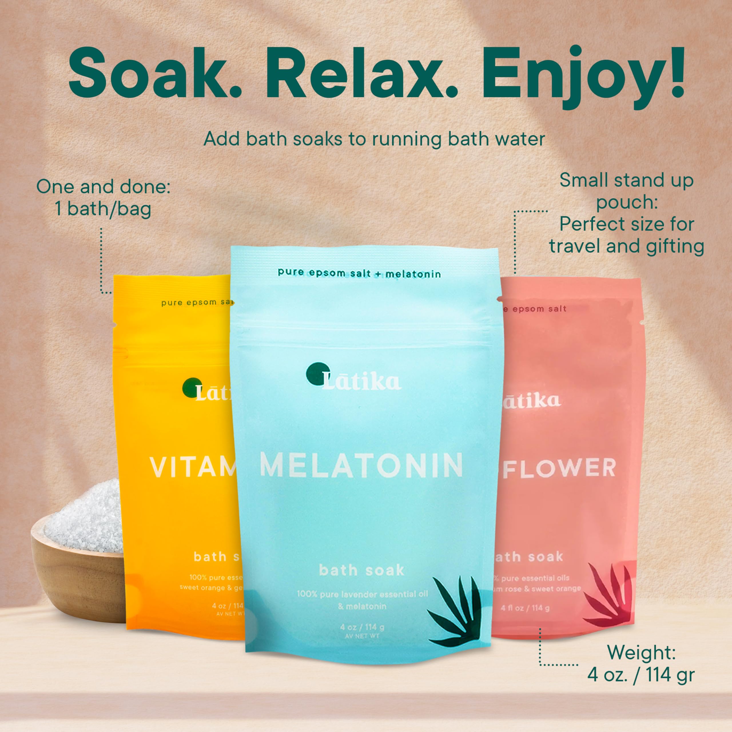 Latika Soaks Melatonin bath scene suggests deep relaxation to ease muscle tension