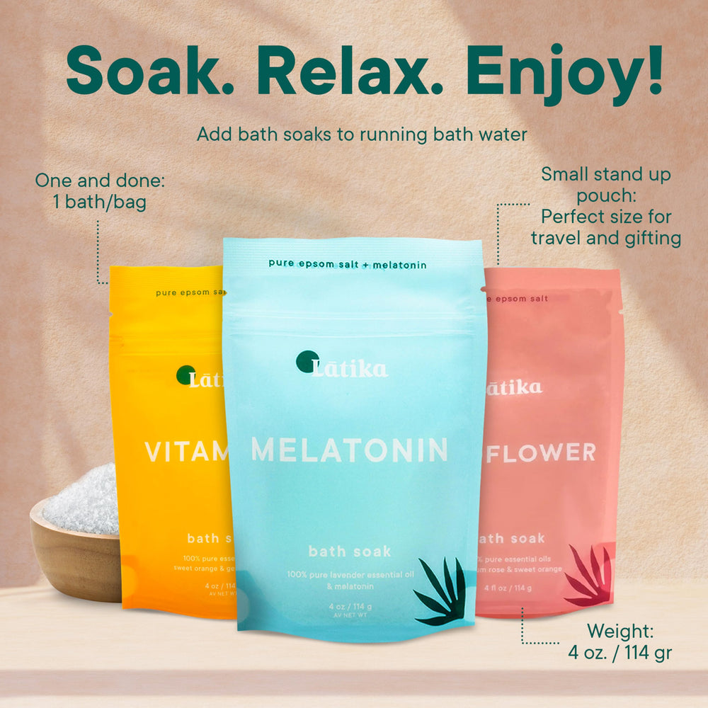 Latika Soaks Melatonin bath scene suggests deep relaxation to ease muscle tension