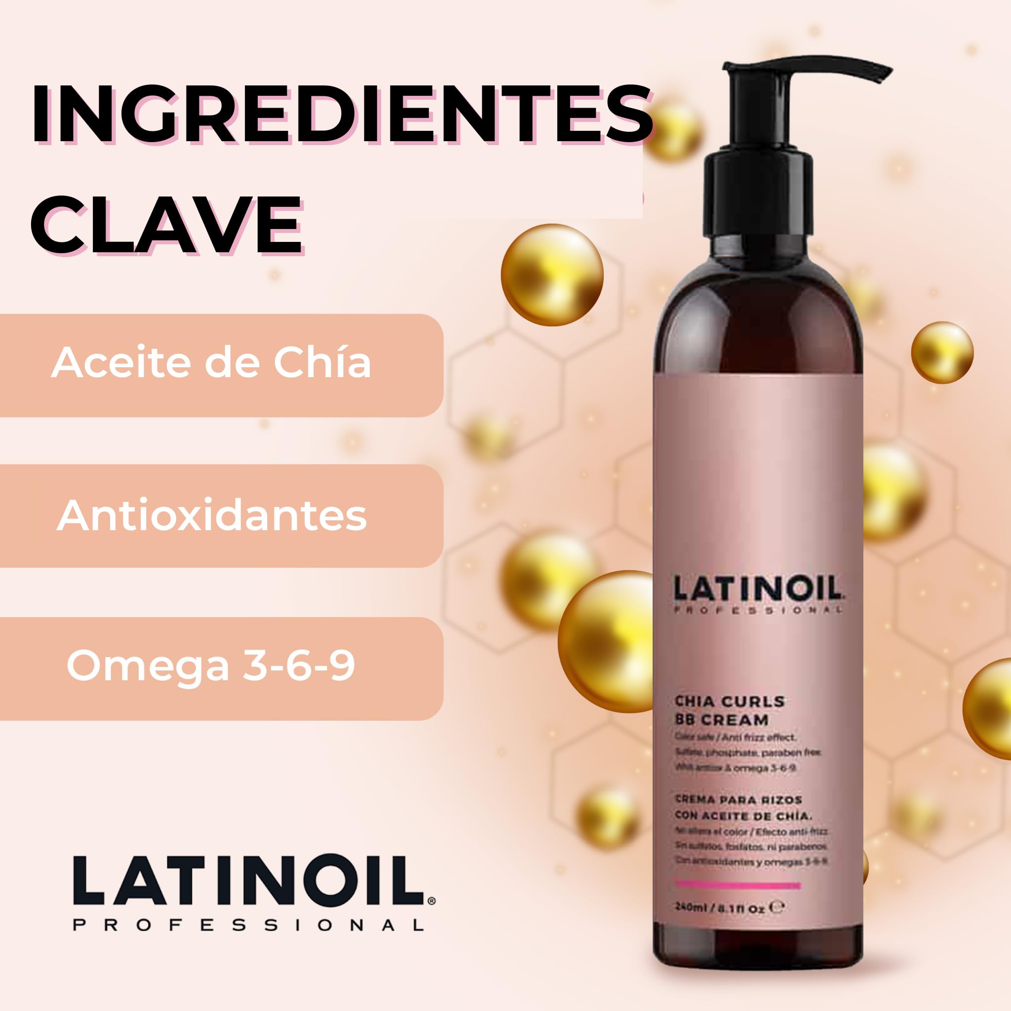Latinoil chia oil ingredient panel highlighting nourishing extracts