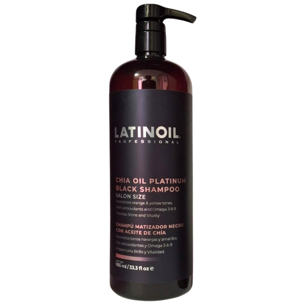 LATINOIL Platinum Black Shampoo bottle front, tone-balanced blonde shine.
