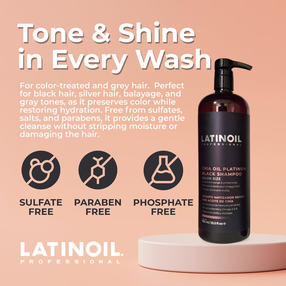 LATINOIL Platinum Black Shampoo bottle side reveals packaging and large 985 ml size.
