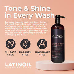 LATINOIL Platinum Black Shampoo bottle side reveals packaging and large 985 ml size.