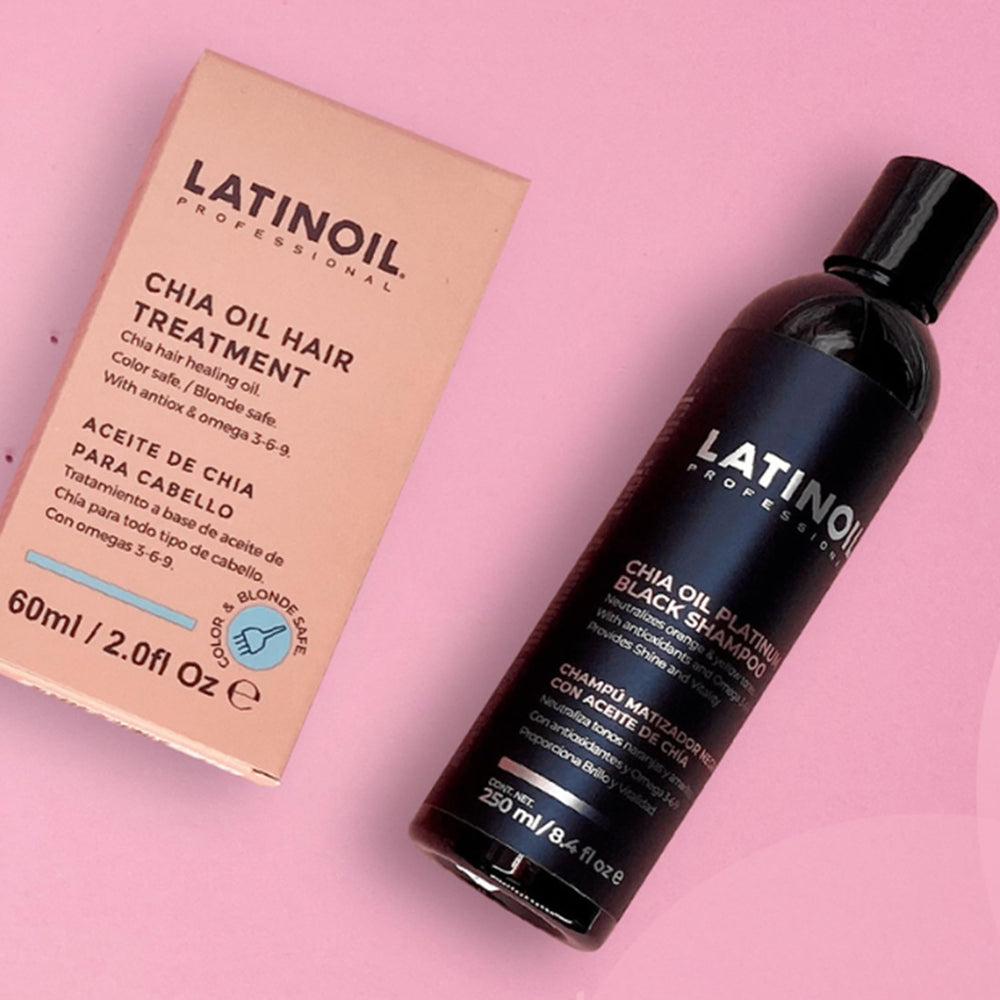 LATINOIL Platinum Black Shampoo packaging close-up notes phosphate-free and gentle formula.