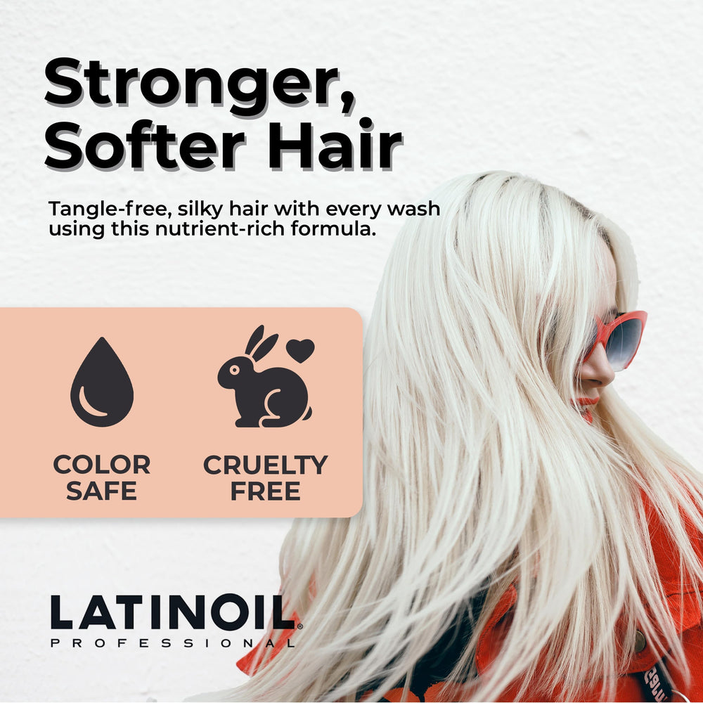 LATINOIL Platinum Black Shampoo healthy-shine close-up implies revitalized, glossy hair.