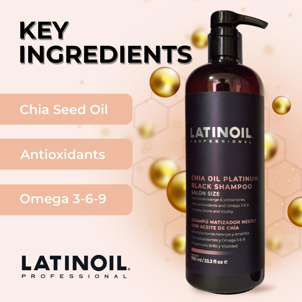LATINOIL Platinum Black Shampoo tinge-neutralization close-up highlights brass neutralization.