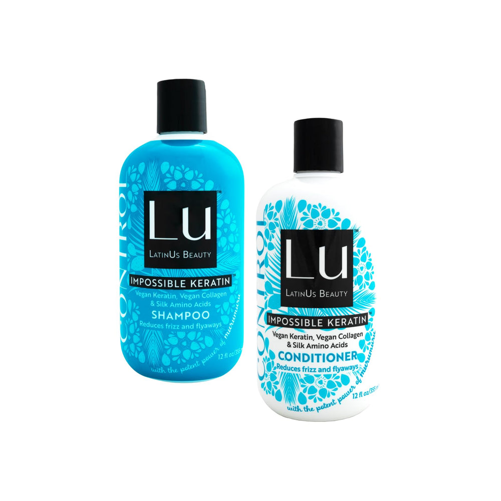 LATINUS Lu shampoo bottle demonstrates anti-frizz control for daily smoothing.