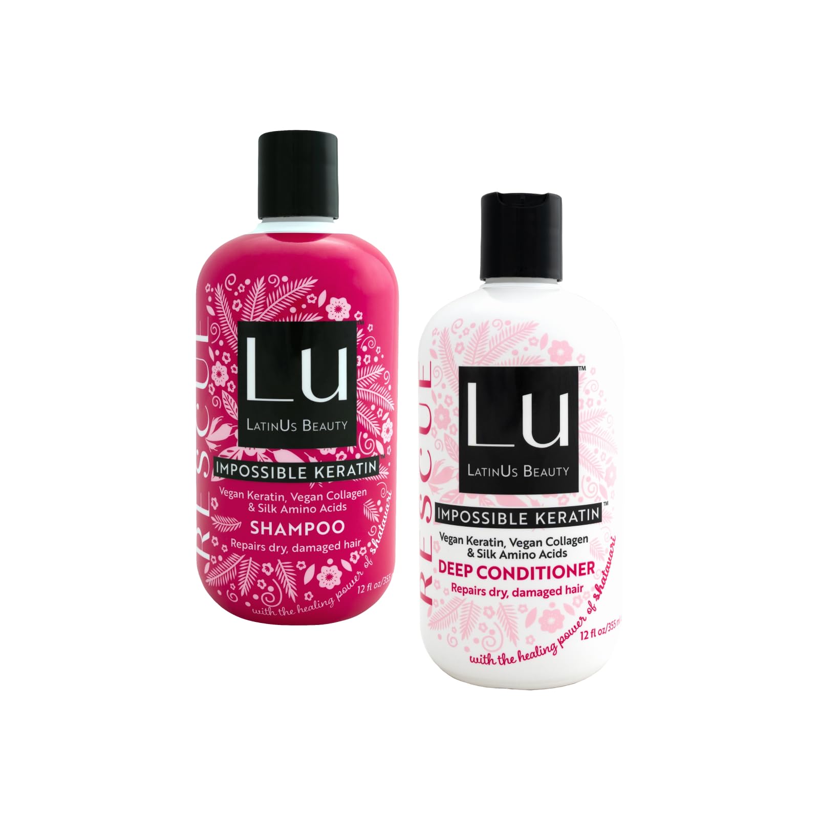 LATINUS Lu Rescue Set shampoo bottle close-up promoting smoothing for dry, damaged hair