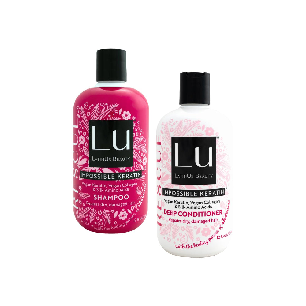 LATINUS Lu Rescue Set shampoo bottle close-up promoting smoothing for dry, damaged hair