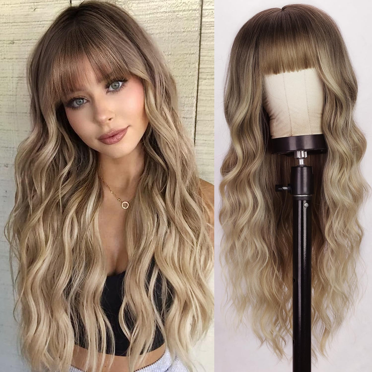 Lativ Blonde Wig front view with bangs and long wavy Ombre for everyday styling