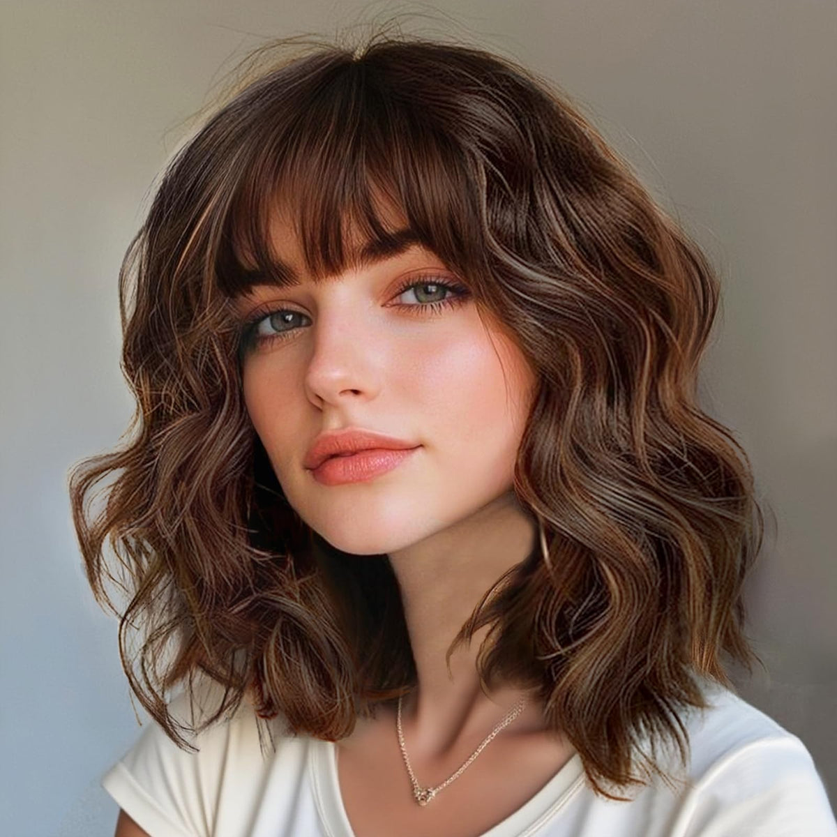 Lativ brown wig with bangs front view for natural daily look and cosplay versatility