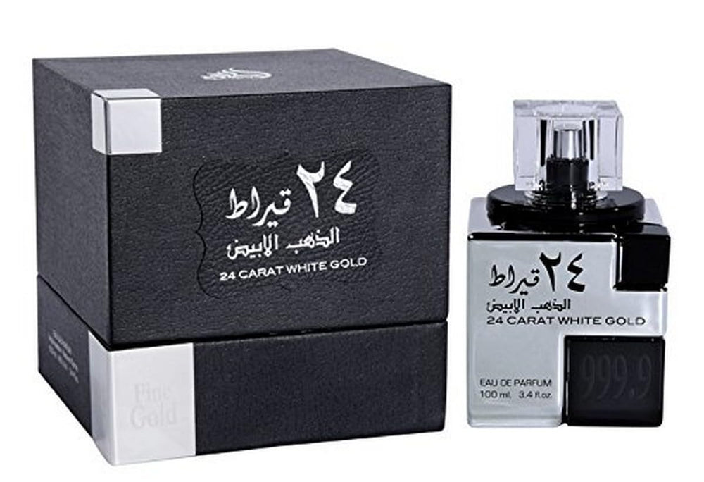Lattafa 24 Carat White Gold bottle pour for unisex wear and evening elegance.