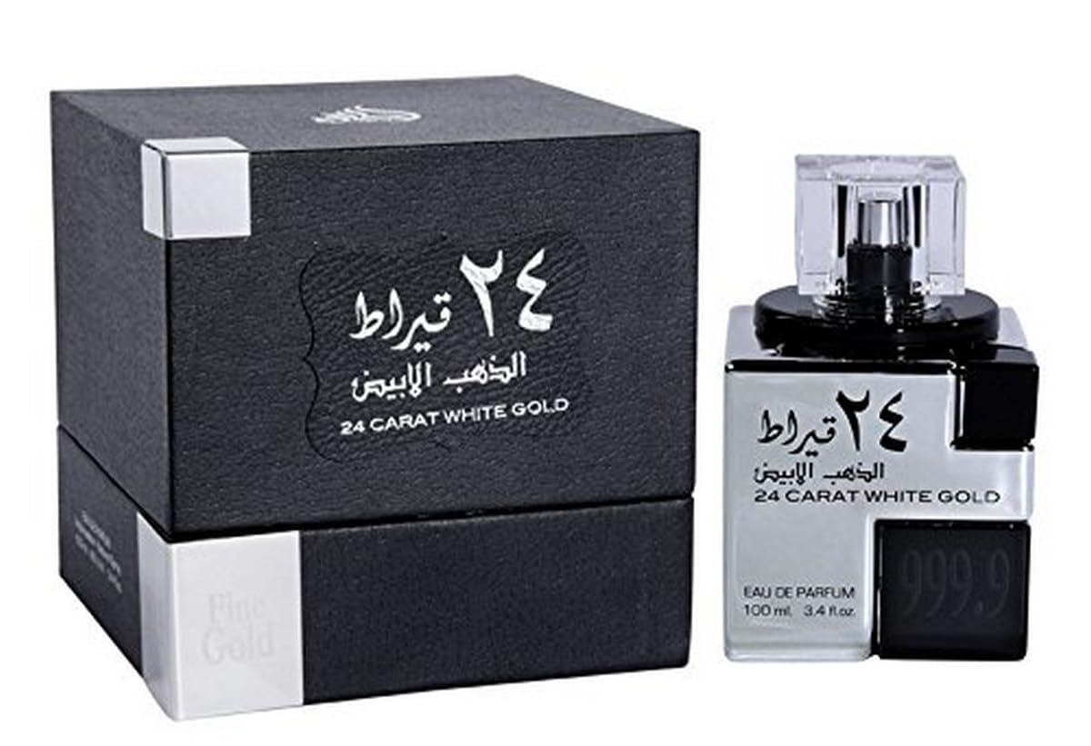 Lattafa 24 Carat White Gold bottle pour for unisex wear and evening elegance.