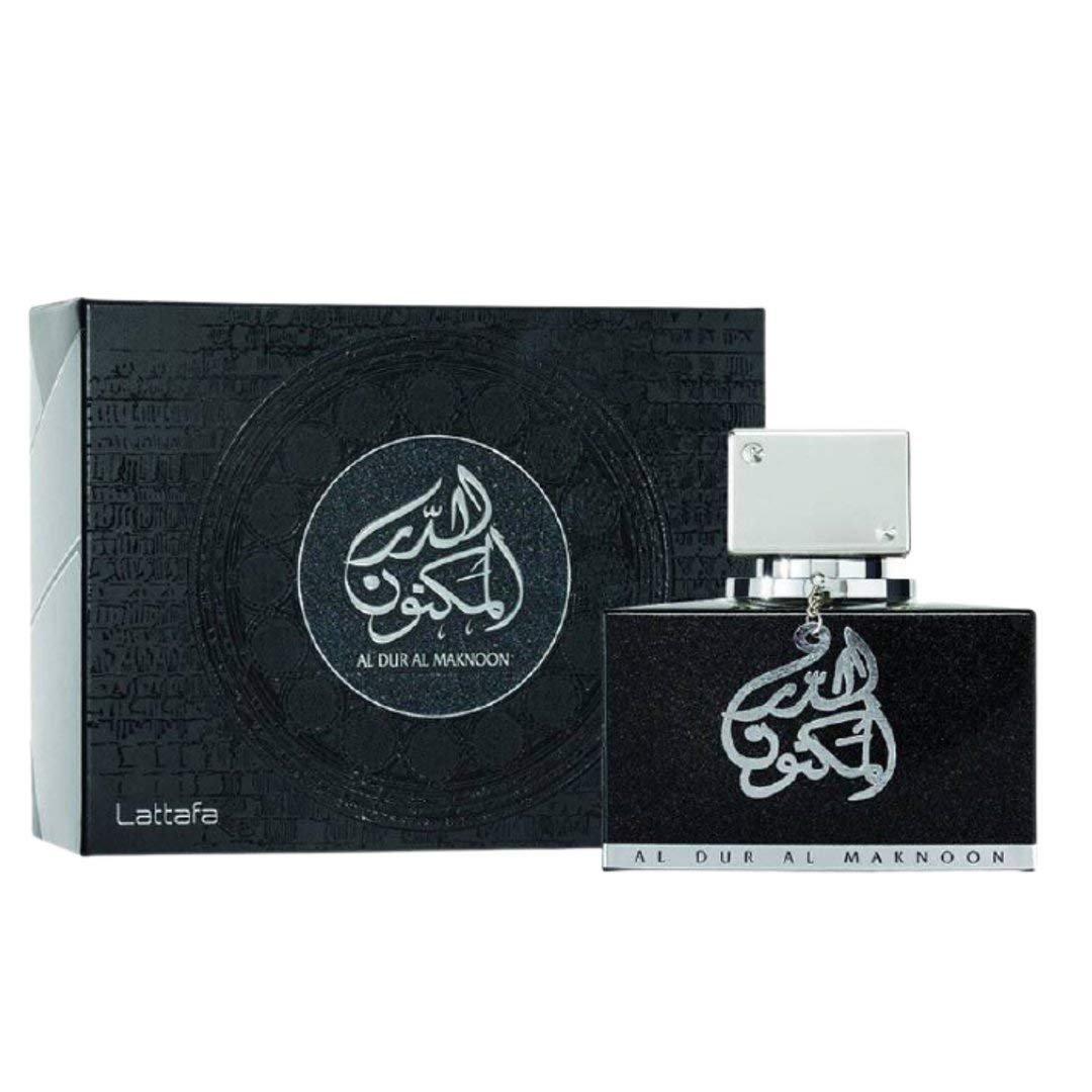 Lattafa Al Dur Al Maknoon Silver bottle front view, a fresh versatile fragrance for daily wear