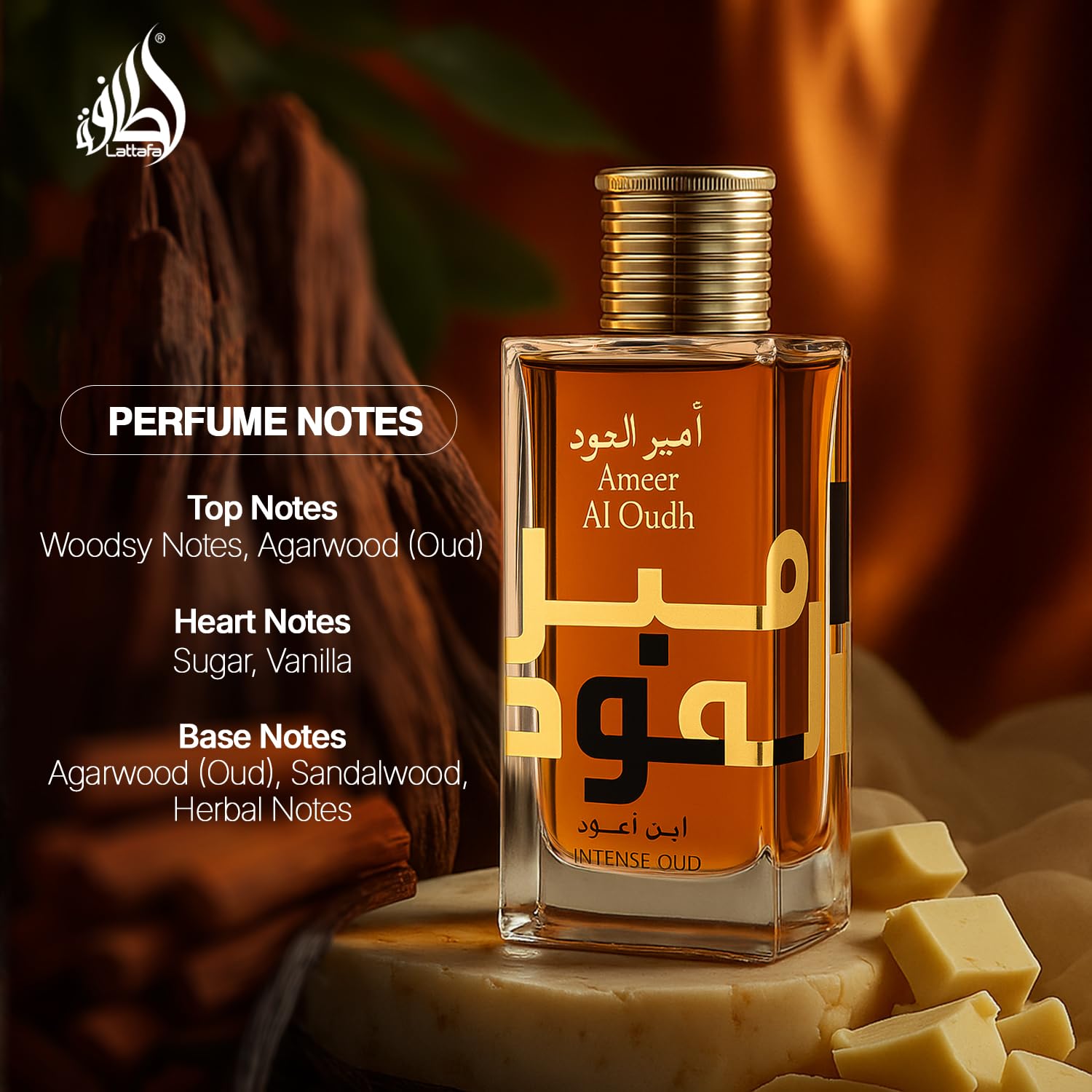Lattafa Ameer Al Oud Intense bottle angled, showcasing elegant cap and glass.