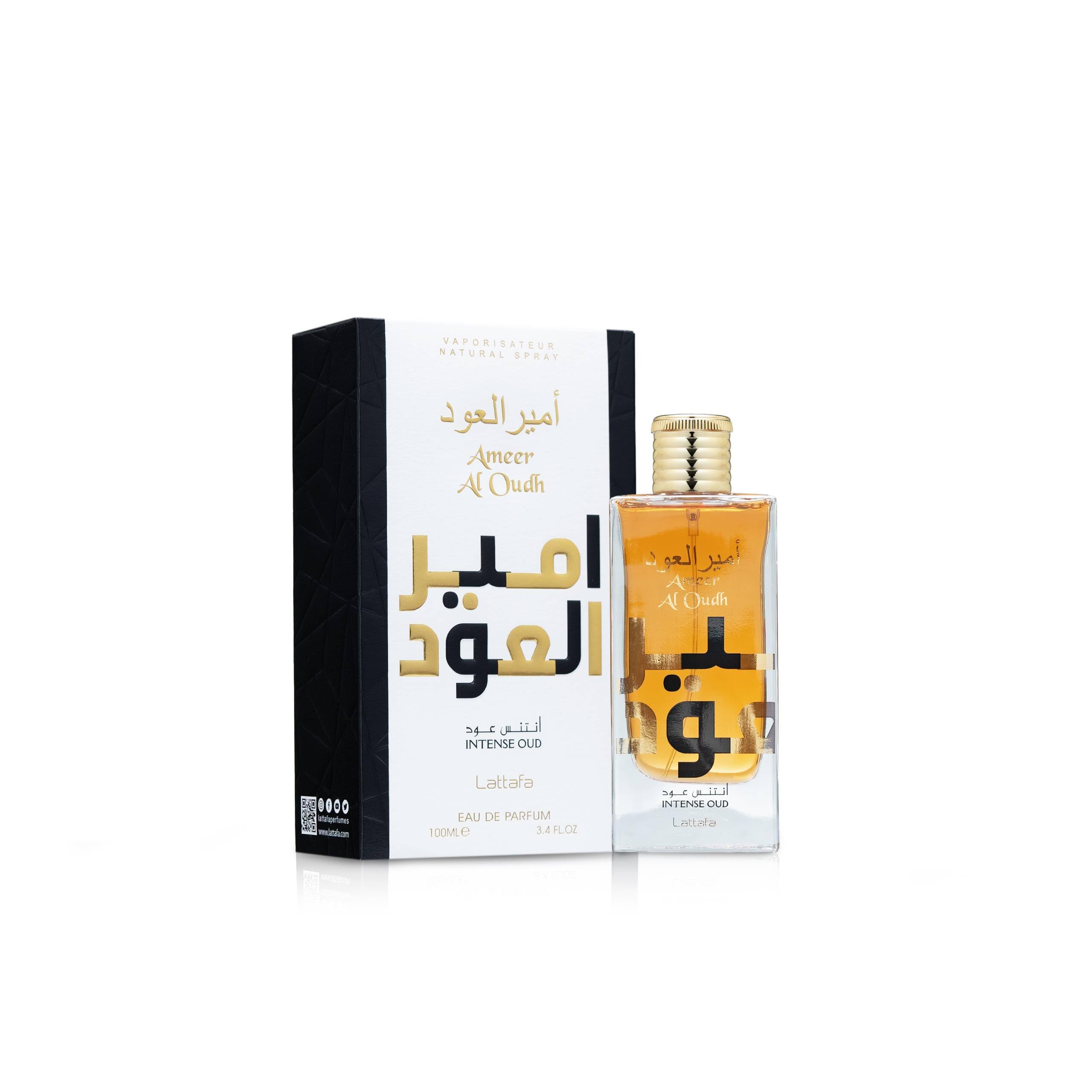 Lattafa Ameer Al Oud Intense bottle side angle, rich amber depth visible.