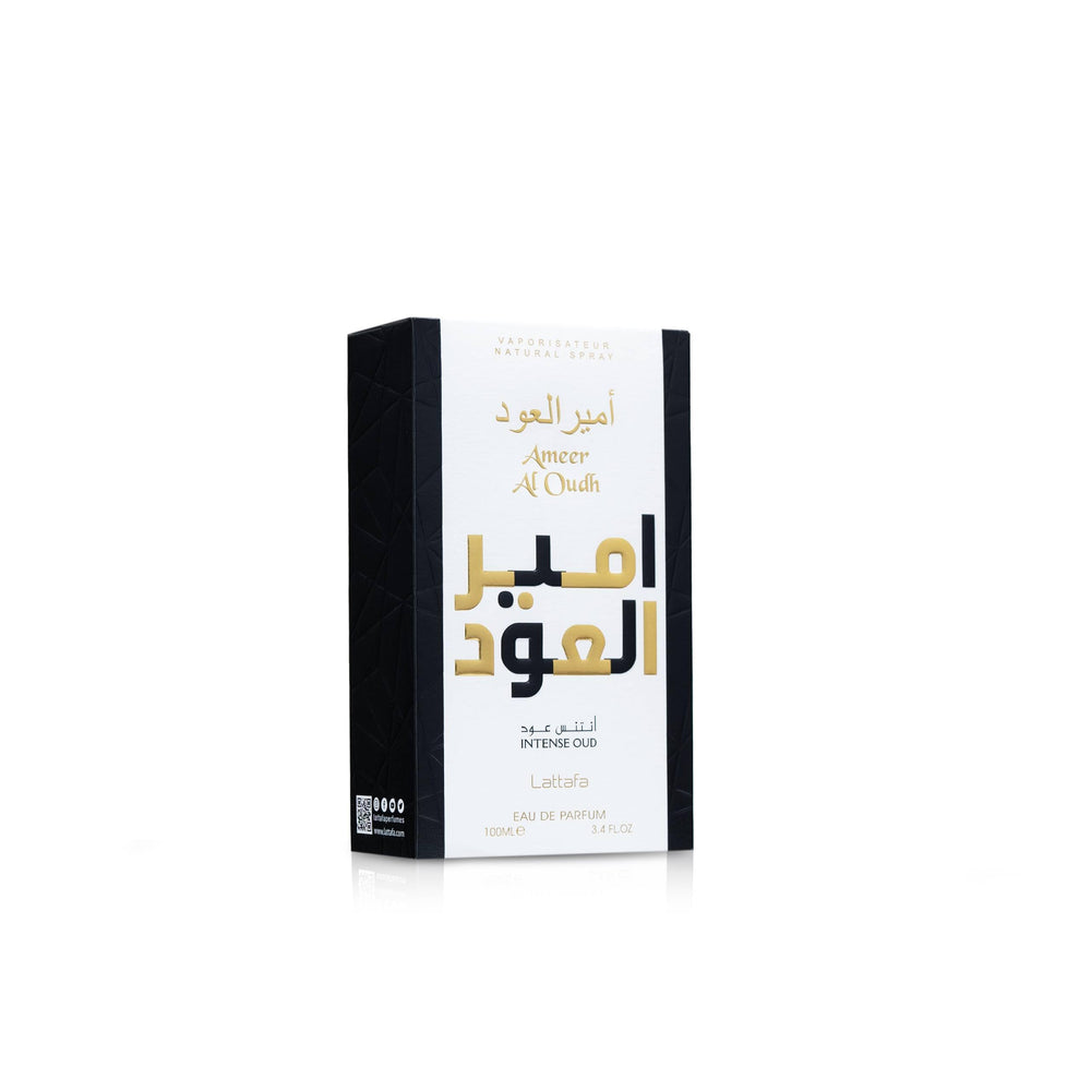 Lattafa Ameer Al Oud Intense box packaging, luxurious presentation for gifting.