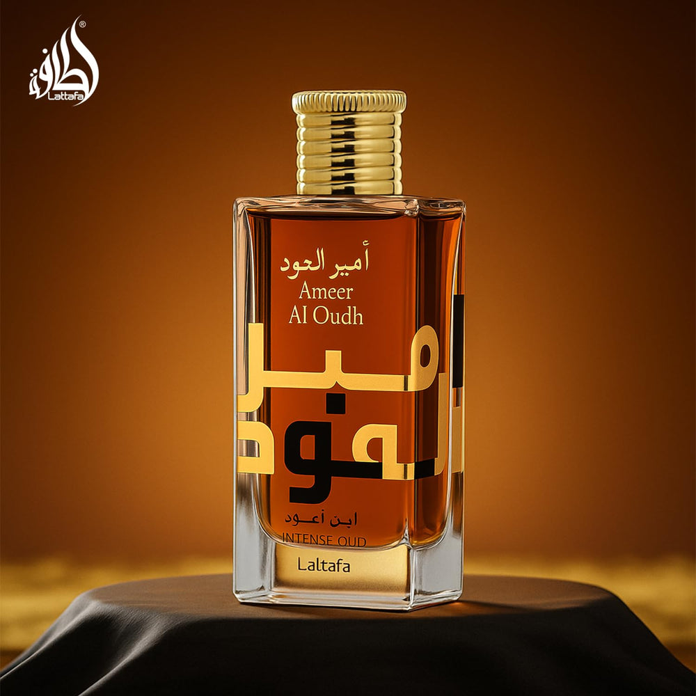 Lattafa Ameer Al Oud Intense packaging opened to reveal the set.