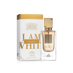 Lattafa Ana Abiyedh Poudree flacon side view emphasizing elegant form for special occasions.