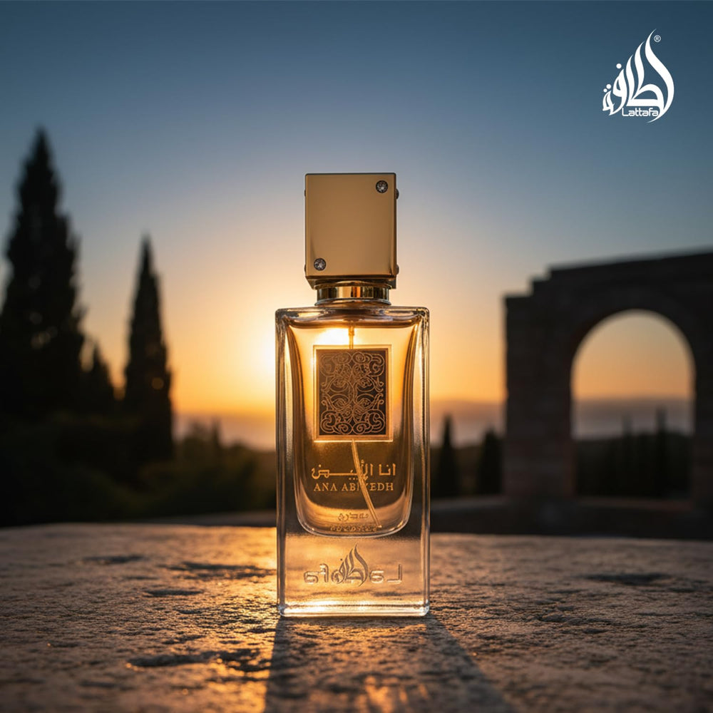 Lattafa Ana Abiyedh Poudree spray mist indicating freshness and versatility.