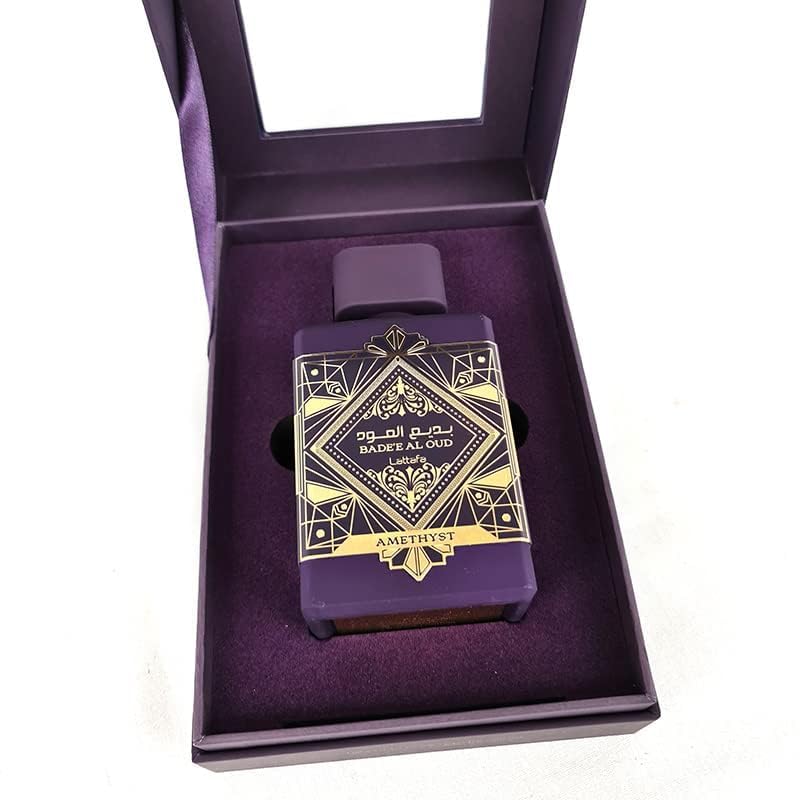 Lattafa Badee Al Oud Amethyst bottle close-up reveals elegant design for special occasions.