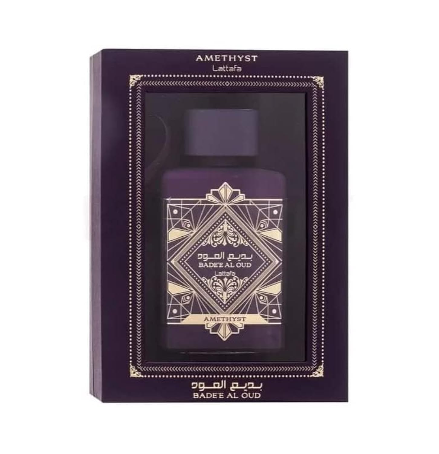 Lattafa Badee Al Oud Amethyst bottle front view, premium unisex fragrance ideal for daily wear.