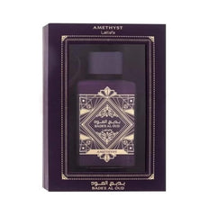Lattafa Badee Al Oud Amethyst bottle front view, premium unisex fragrance ideal for daily wear.