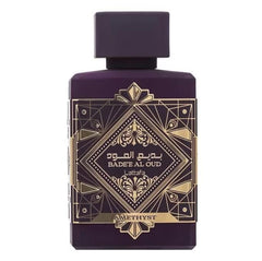 Lattafa Badee Al Oud Amethyst packaging with floating bottle for sophisticated gifting.