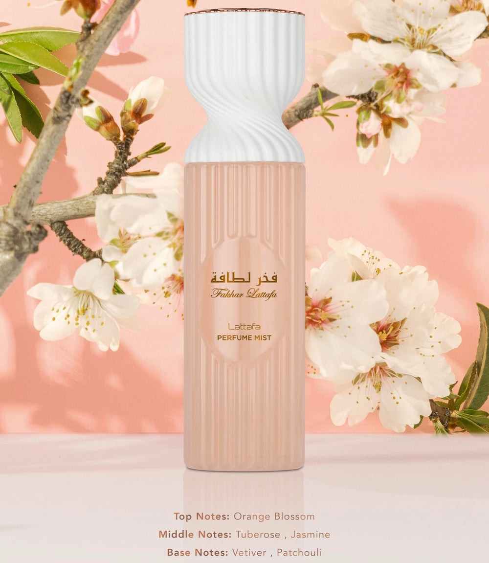Lattafa Fakhar perfume mist showing tuberose and jasmine for a romantic, creamy floral heart