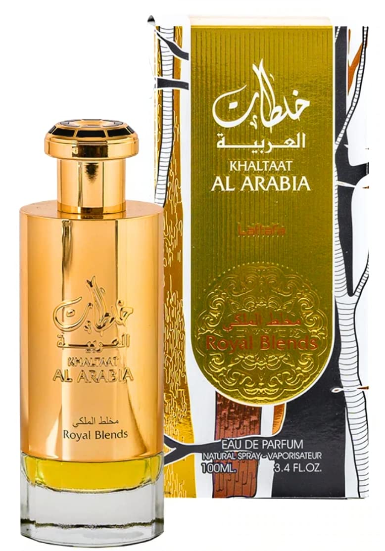 Lattafa Khaltat Al Arabia bottle showing amber spicy fragrance for versatile day-to-night wear