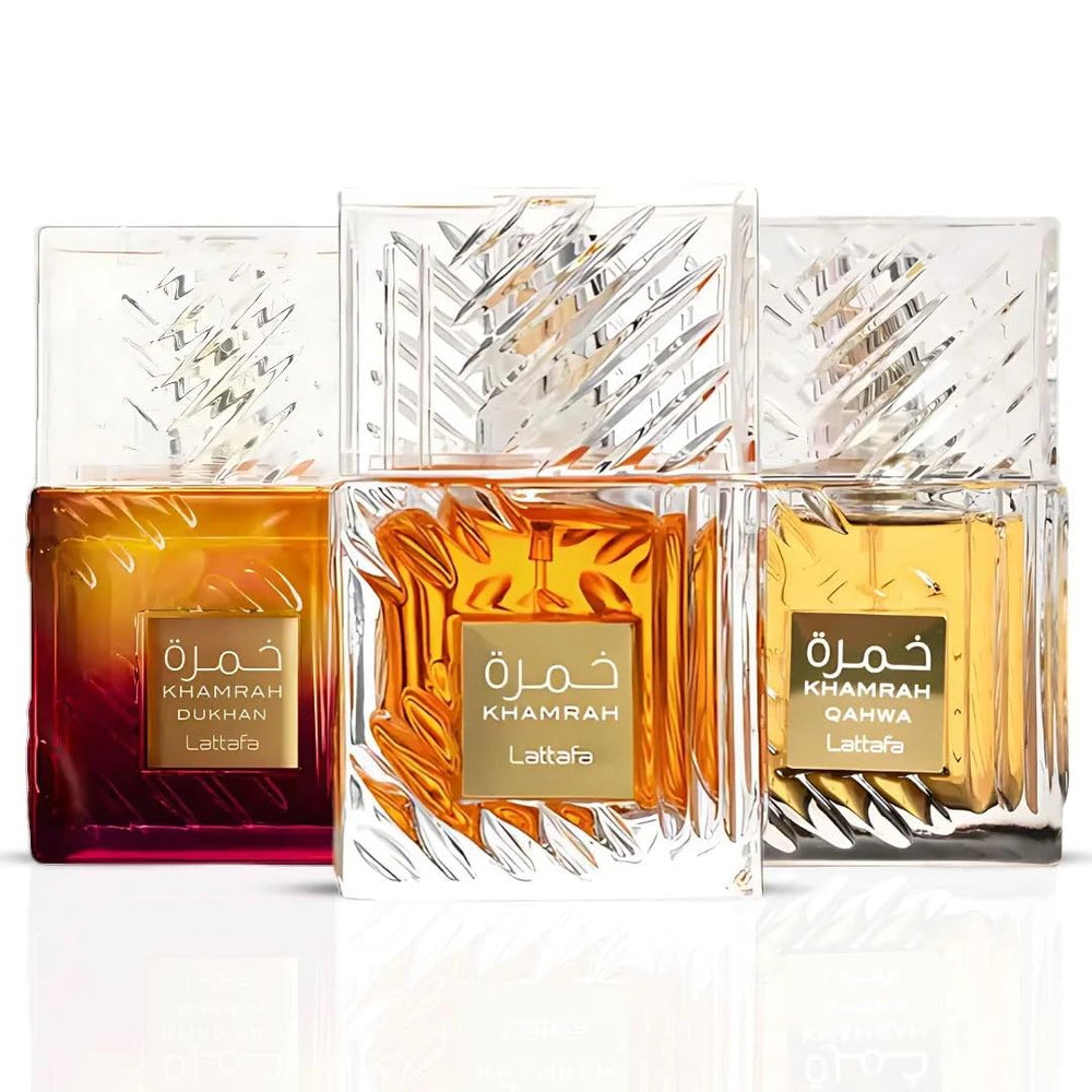 Lattafa Khamrah trio bottle displaying three unisex scents for versatile all-day wear