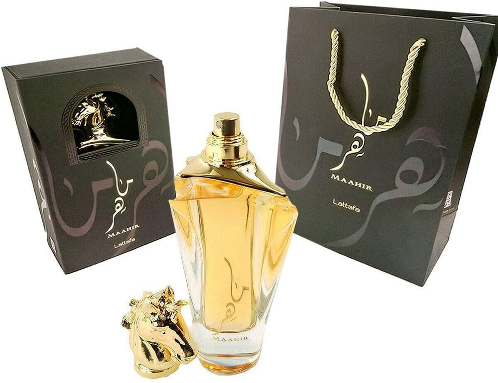 Lattafa Maahir base notes sandalwood, vanilla blossom, musk for lasting warmth.