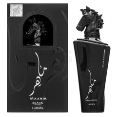 Lattafa Maahir Black Edition bottle front view for daily elegance