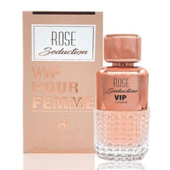 Lattafa Maison Alhambra Rose Seduction VIP bottle, versatile floral-spicy fragrance for everyday wear.