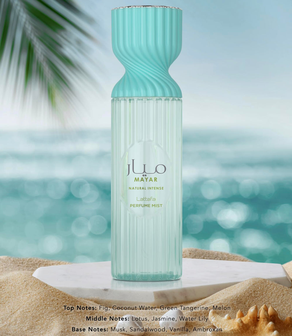 Lattafa Mayar 250ml packaging on display with tropical notes for everyday freshness
