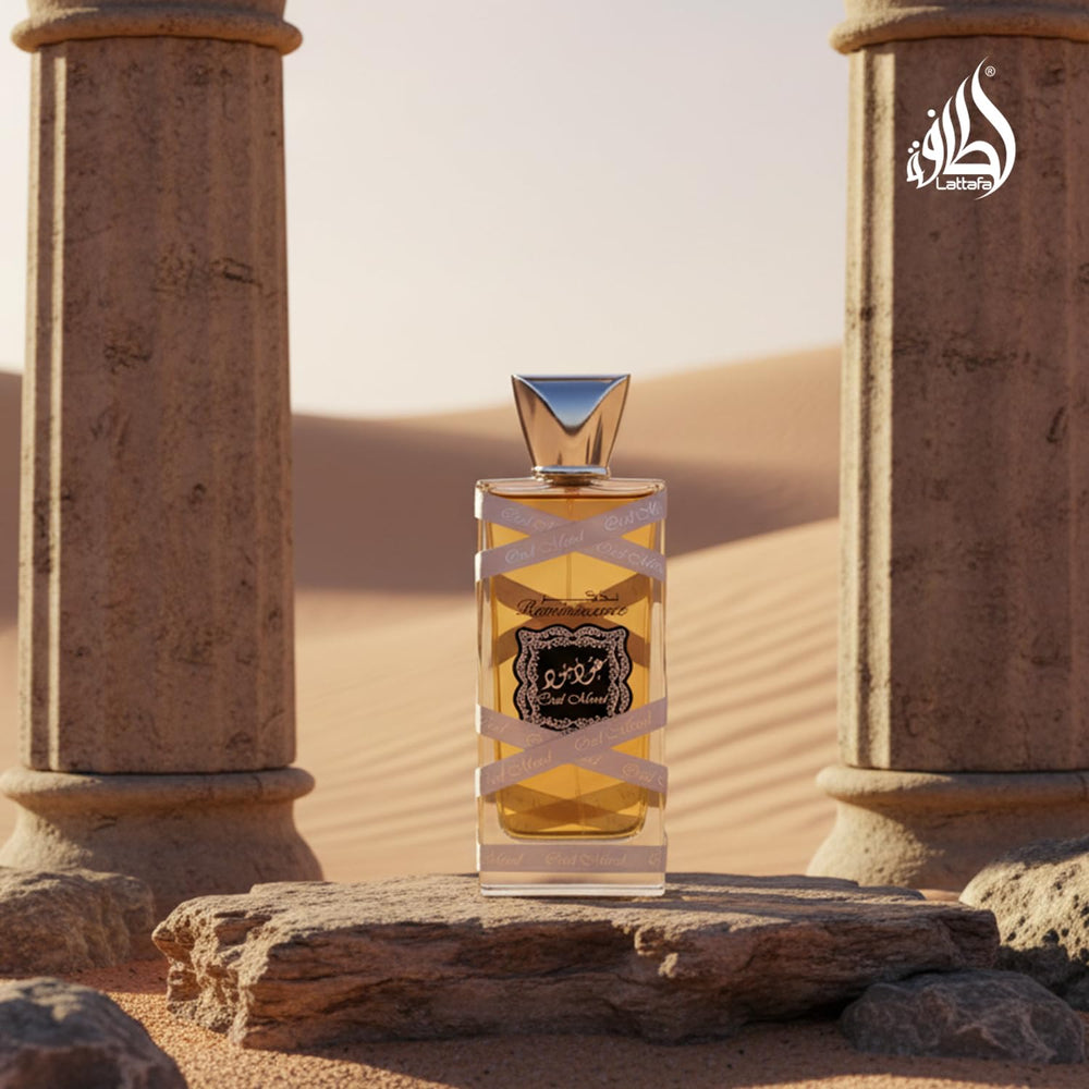 Lattafa Oud Mood Reminiscence amber-wood notes evoke warmth and sophistication.