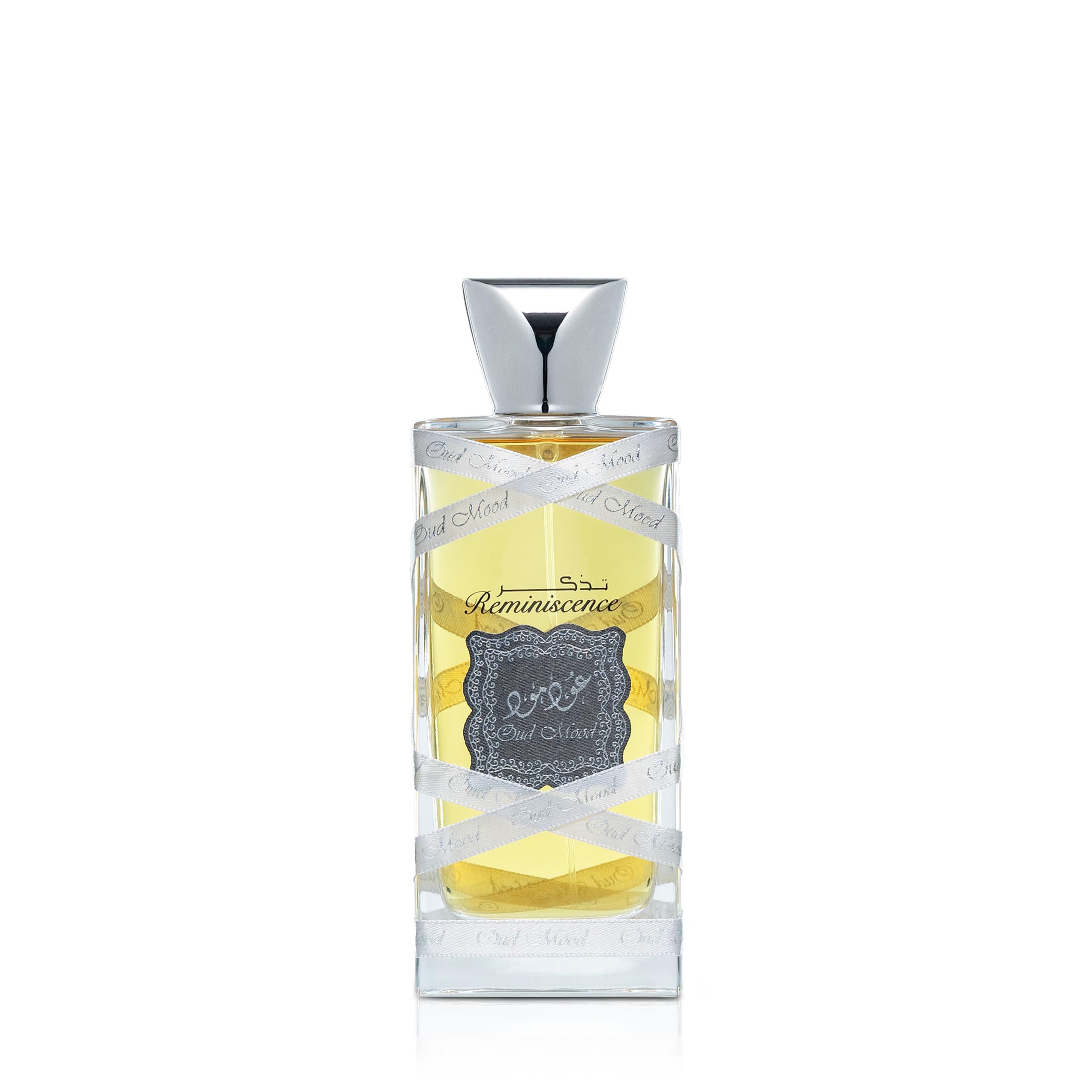 Lattafa Oud Mood Reminiscence bottle shown, a premium unisex fragrance for all occasions.