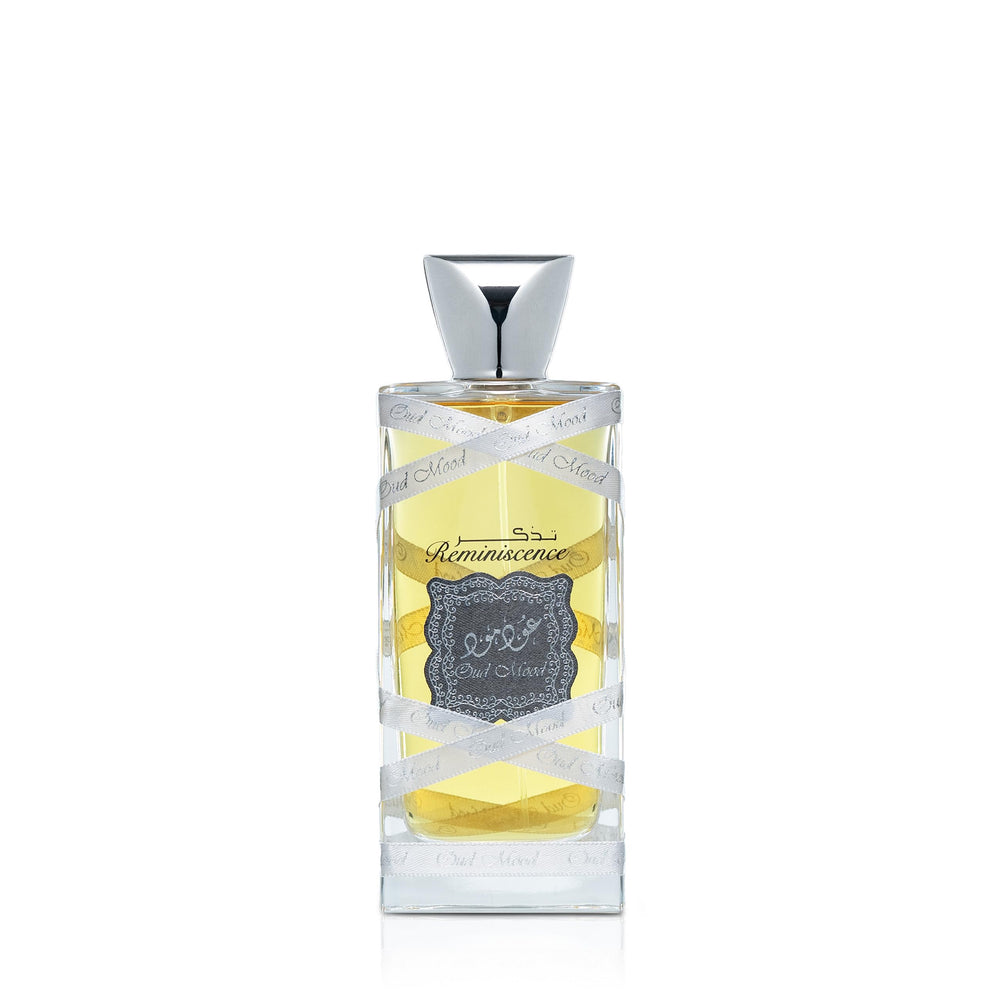 Lattafa Oud Mood Reminiscence bottle shown, a premium unisex fragrance for all occasions.
