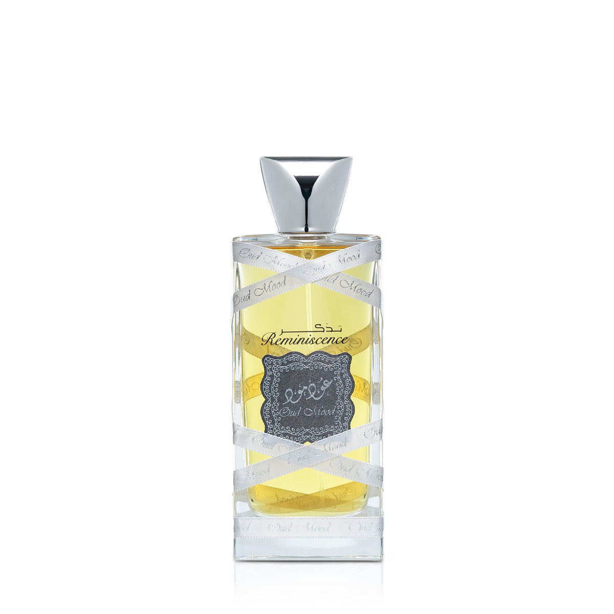 Lattafa Oud Mood Reminiscence bottle shown, a premium unisex fragrance for all occasions.