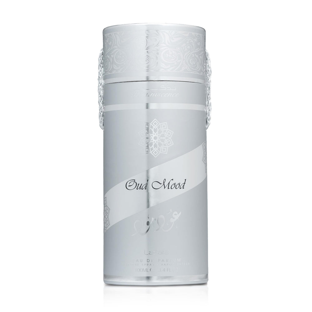Lattafa Oud Mood Reminiscence label close-up displaying rich oud-inspired notes.
