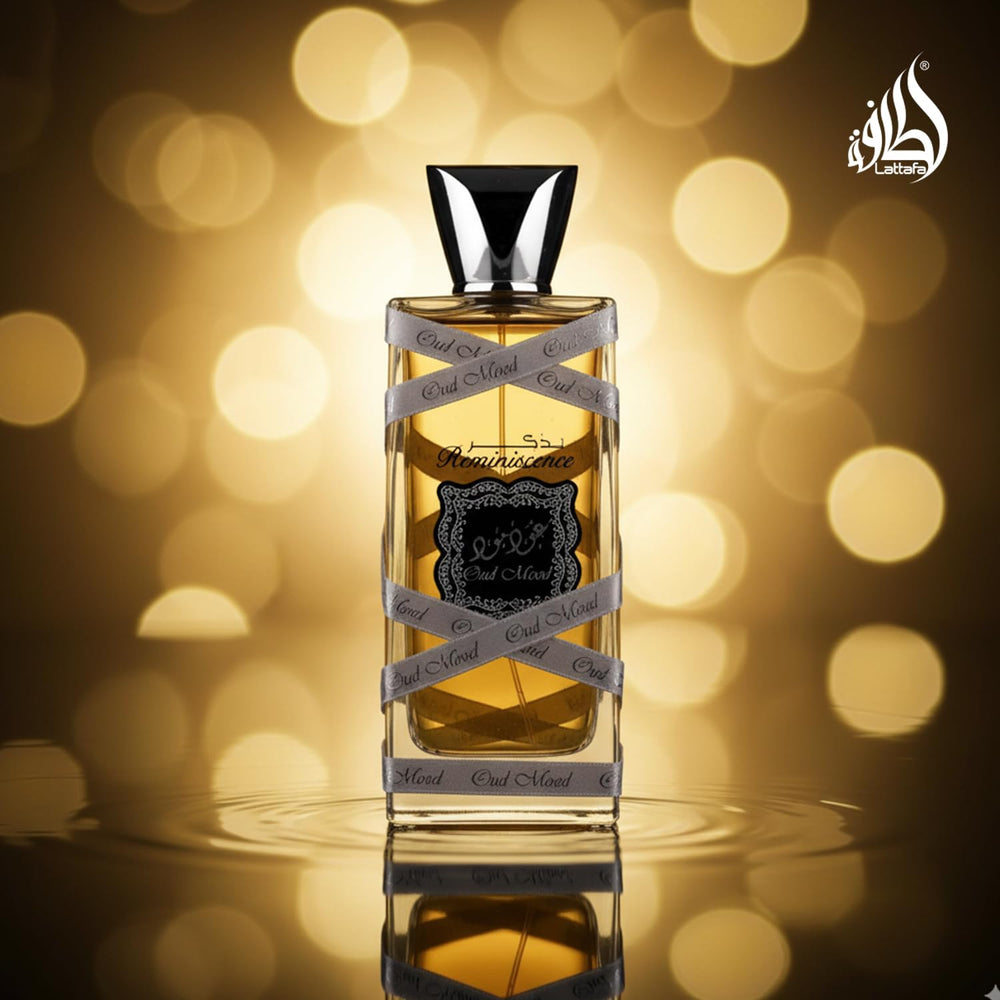 Lattafa Oud Mood Reminiscence close-up of oud detail and resin hints.