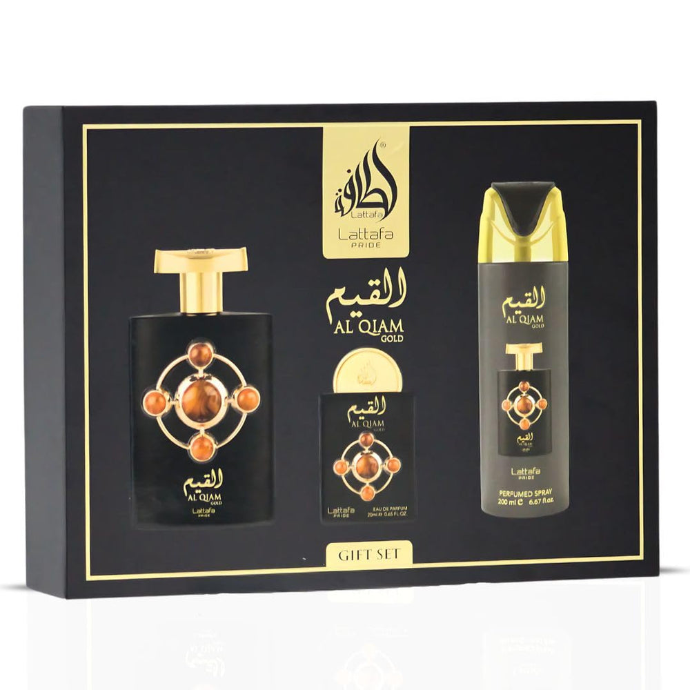 Lattafa Pride Al Qiam Gold gift set box displayed for gifting occasions