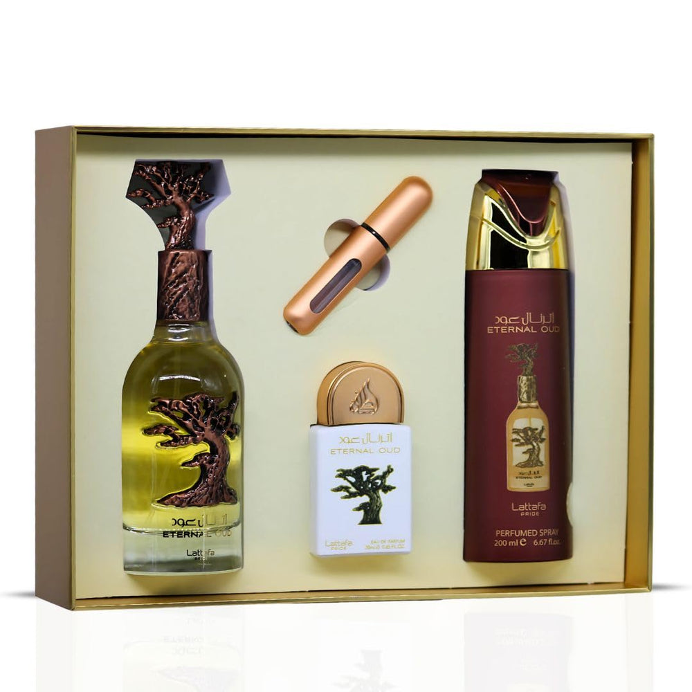 Lattafa Pride Eternal Oud gift box with premium presentation for fragrance lovers.