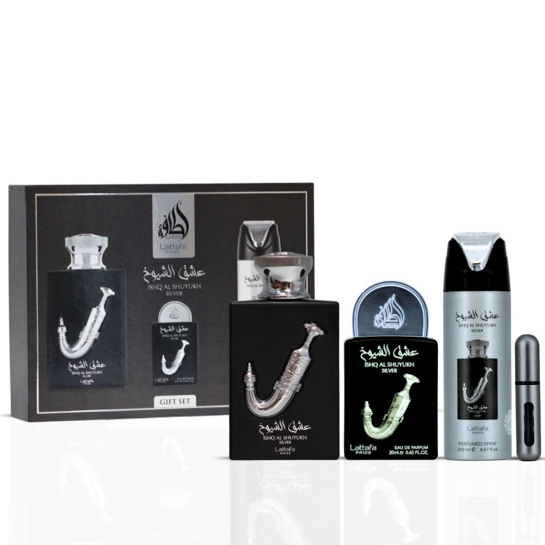 Lattafa Pride Ishq Al Shuyukh Silver atomizer ready for refillable use.