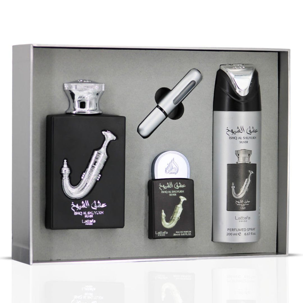 Lattafa Pride Ishq Al Shuyukh Silver 0.65 oz bottle for on-the-go scent touch-ups.