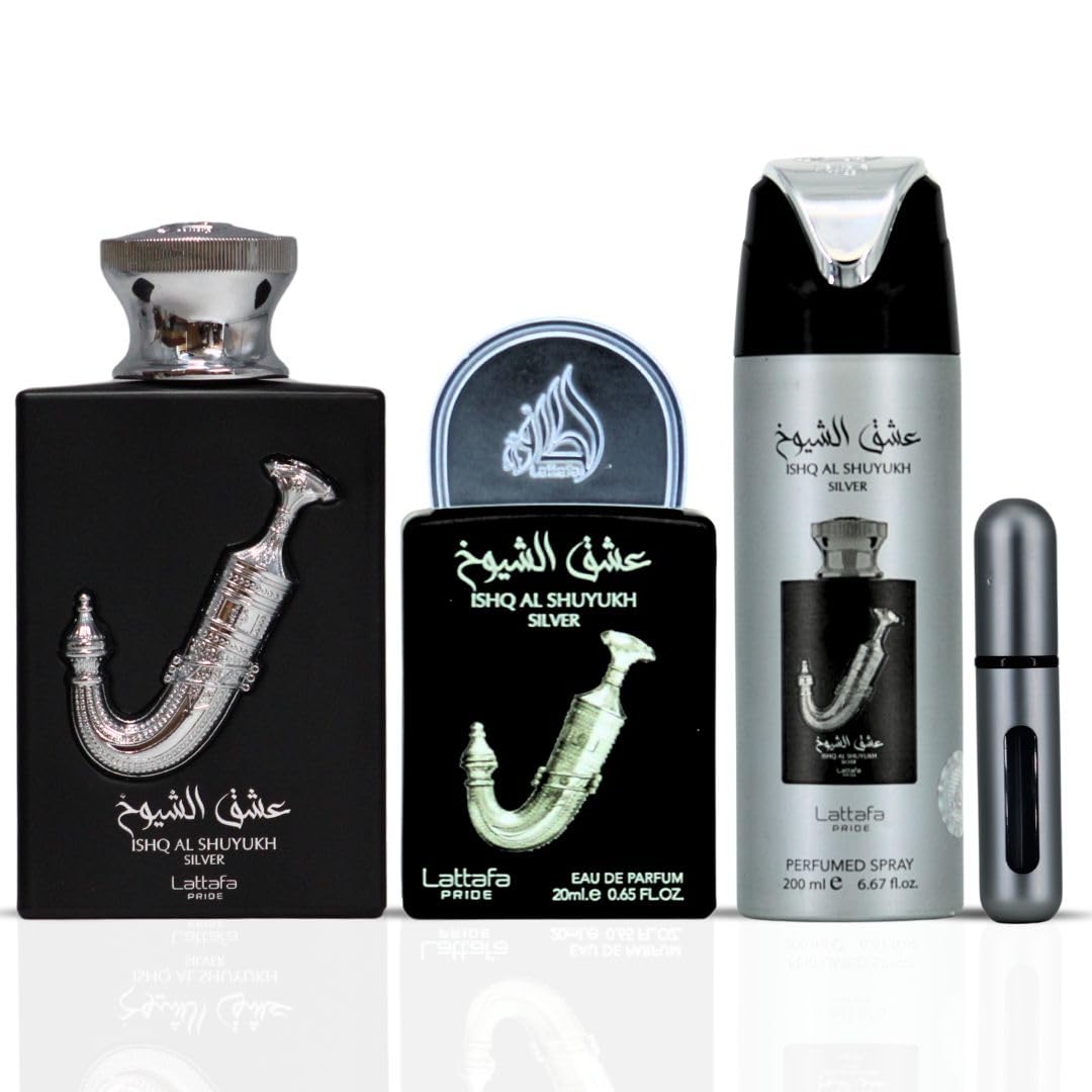 Lattafa Pride Ishq Al Shuyukh Silver gift box showcases premium presentation.