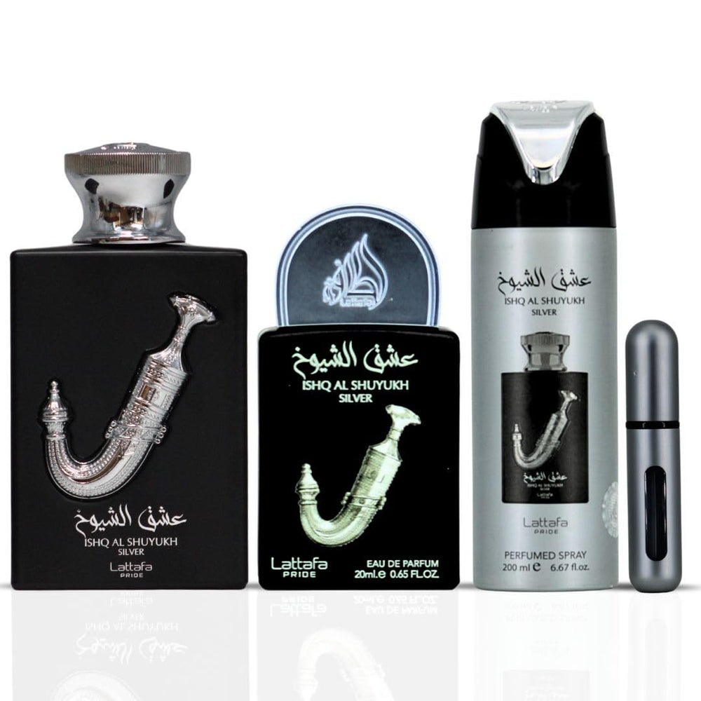 Lattafa Pride Ishq Al Shuyukh Silver gift box showcases premium presentation.