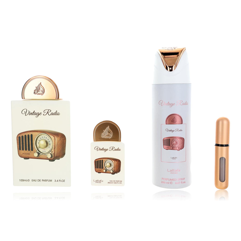 Lattafa Pride Vintage Radio EDP bottle close-up, long-lasting fragrance for evenings.
