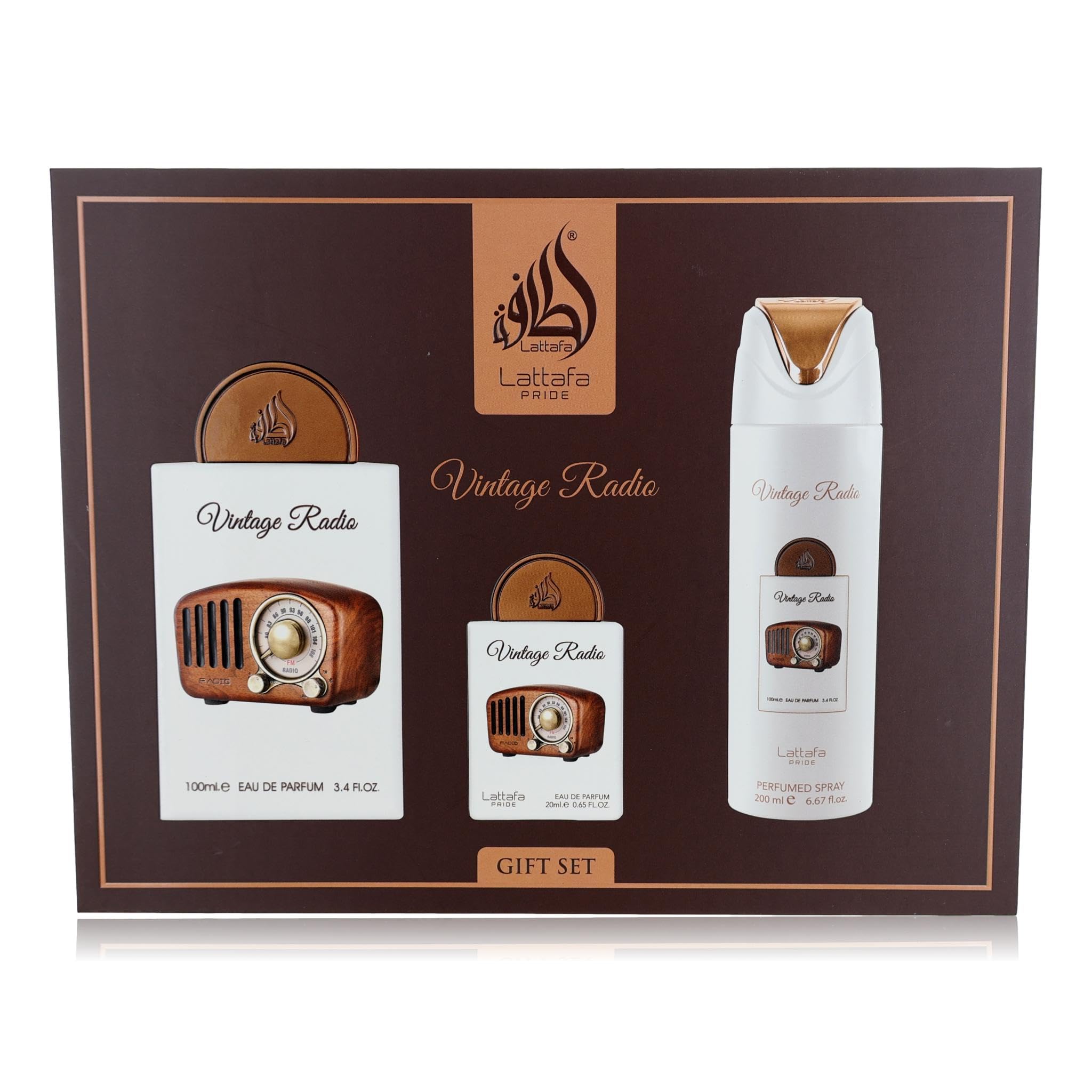 Lattafa Pride Vintage Radio EDP spray, travel-friendly size for on-the-go occasions.